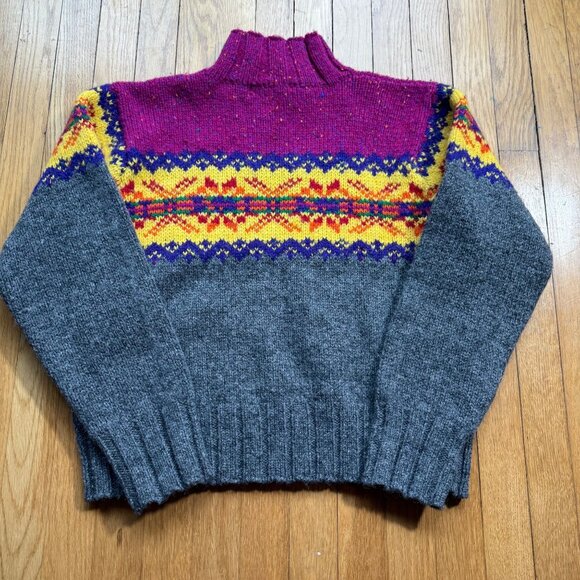 Express Vintage Size M Pink Yellow & Gray Fair Isle Wool Knit Mock Neck Sweater - Picture 12 of 12